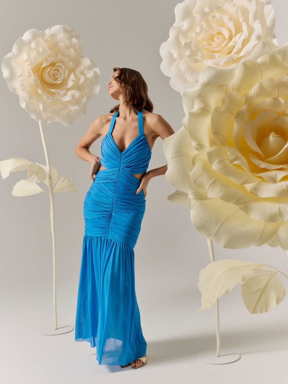 ELLIATT Elena Sleeveless Ruched Halter Gown in Blue Size S NWT